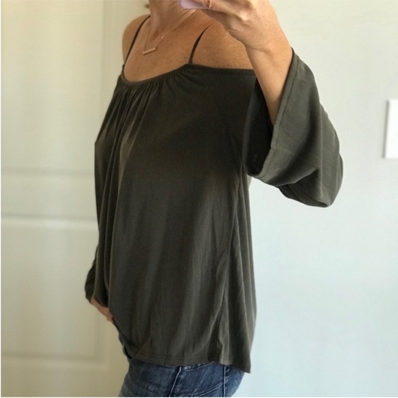 Olive Green Bell Sleeve Cold Shoulder Top - Picture 3 of 5
